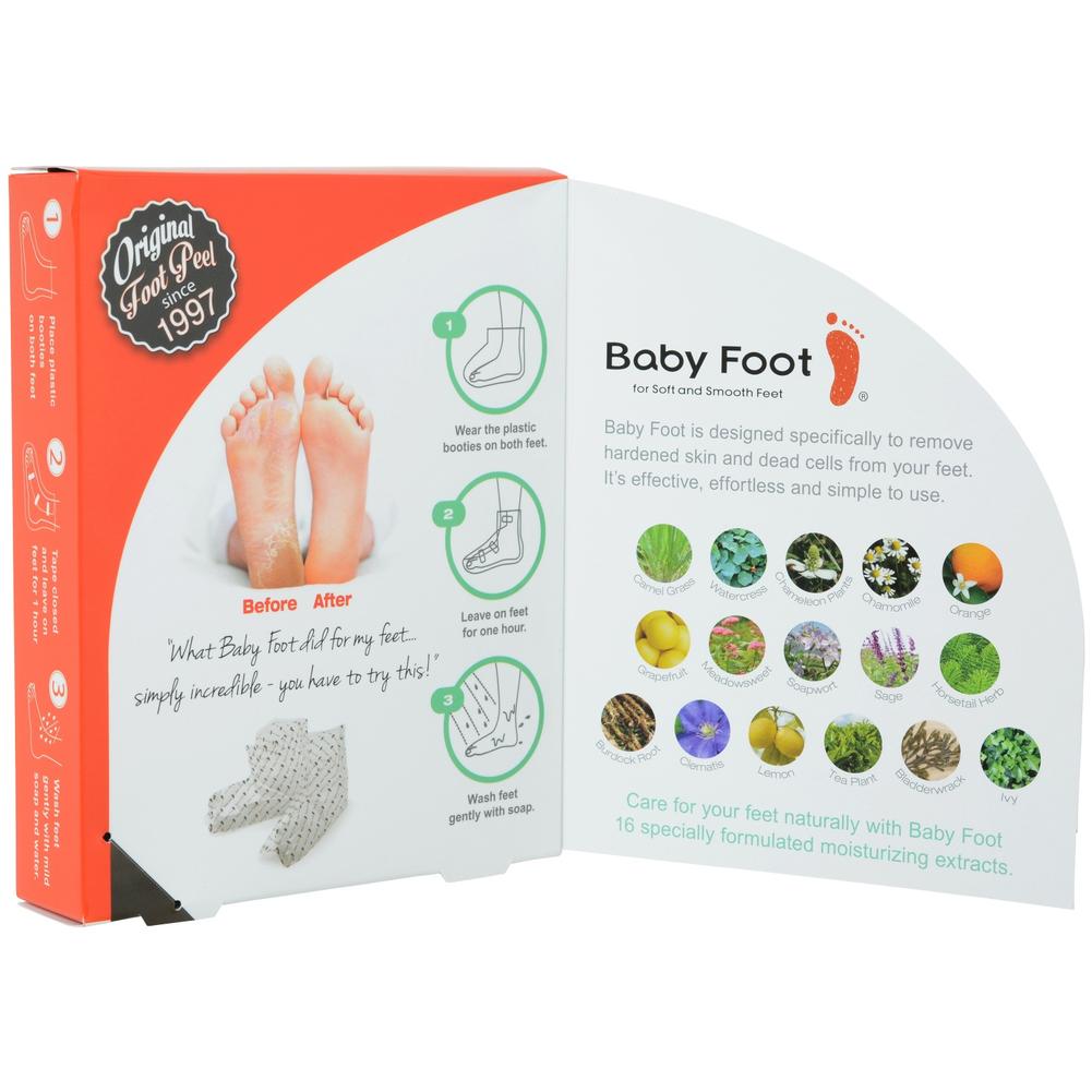 Inside packaging for the Baby Foot 1-Hour Men's Foot Treatment