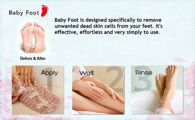 an info-graphic displaying the three steps to using a babyfoot skin peel. 1 apply, 2 wait, 3 rinse