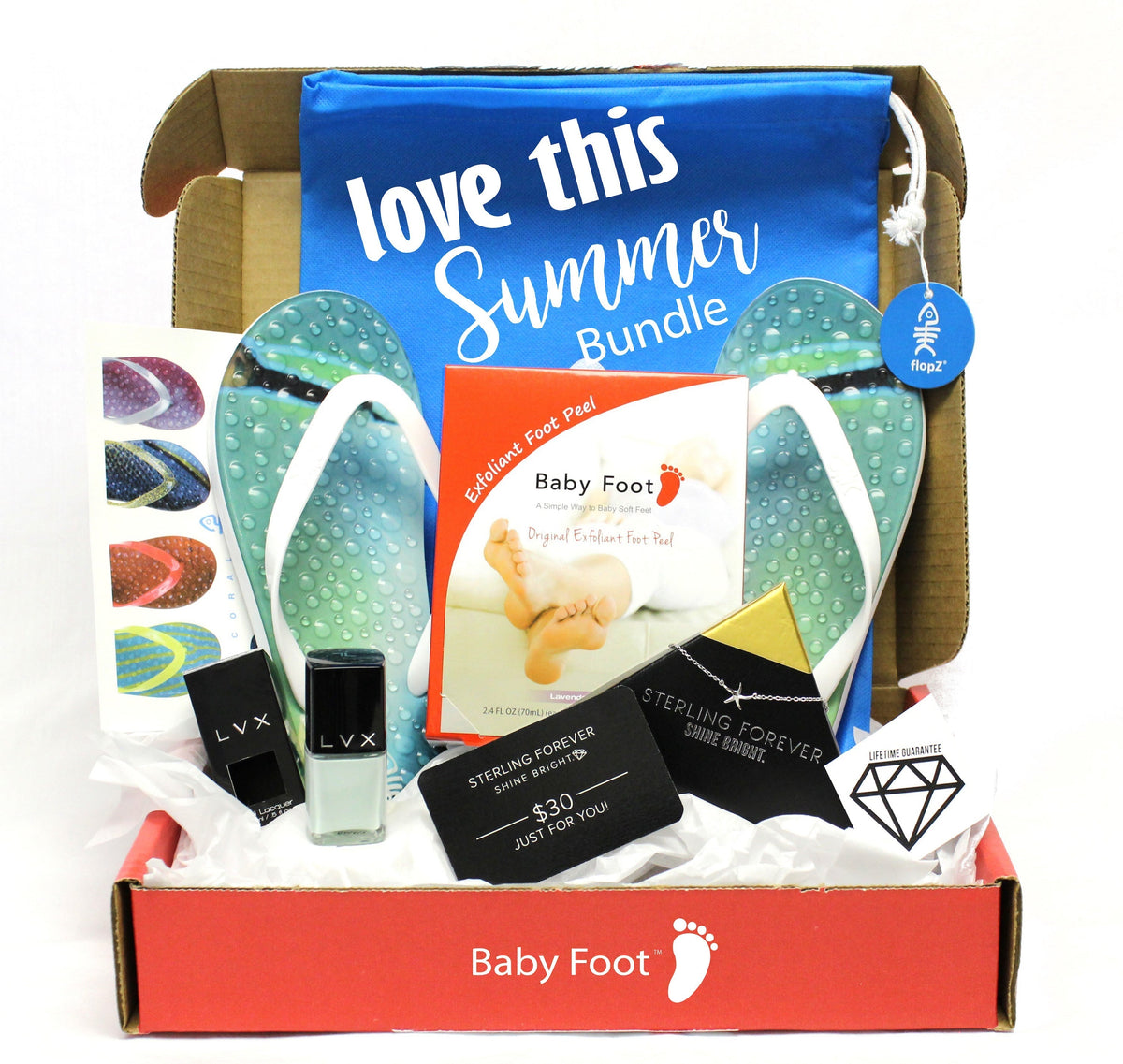 image of baby foot summer bundle, an open red box, branded with the baby foot logo, containing one baby foot foot peel, a pair of thong flipflops, and other products that cannot be made out