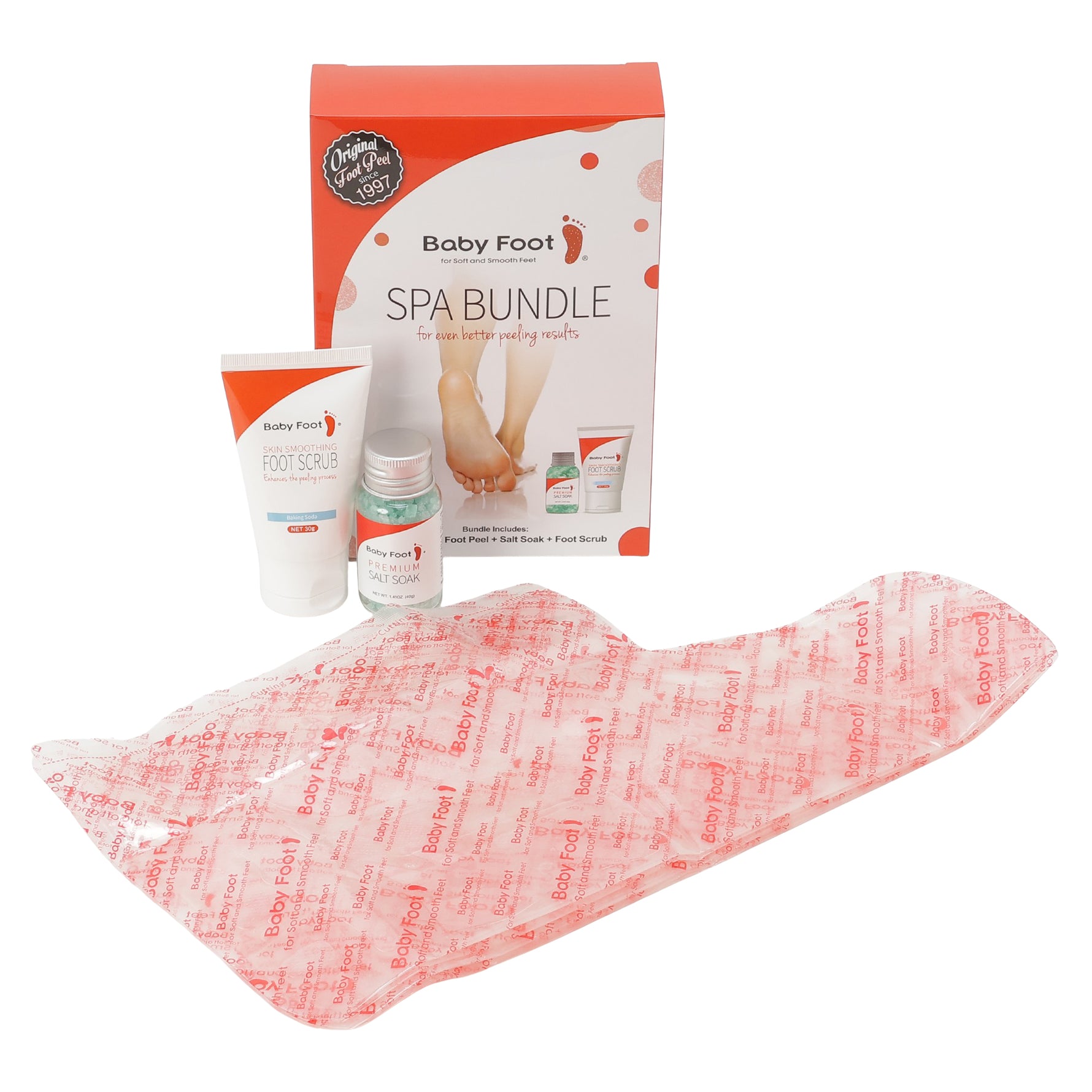 Baby Foot foot spa bundle with foot file, moisturizing cream, and relaxing foot soak in a clear display box.
