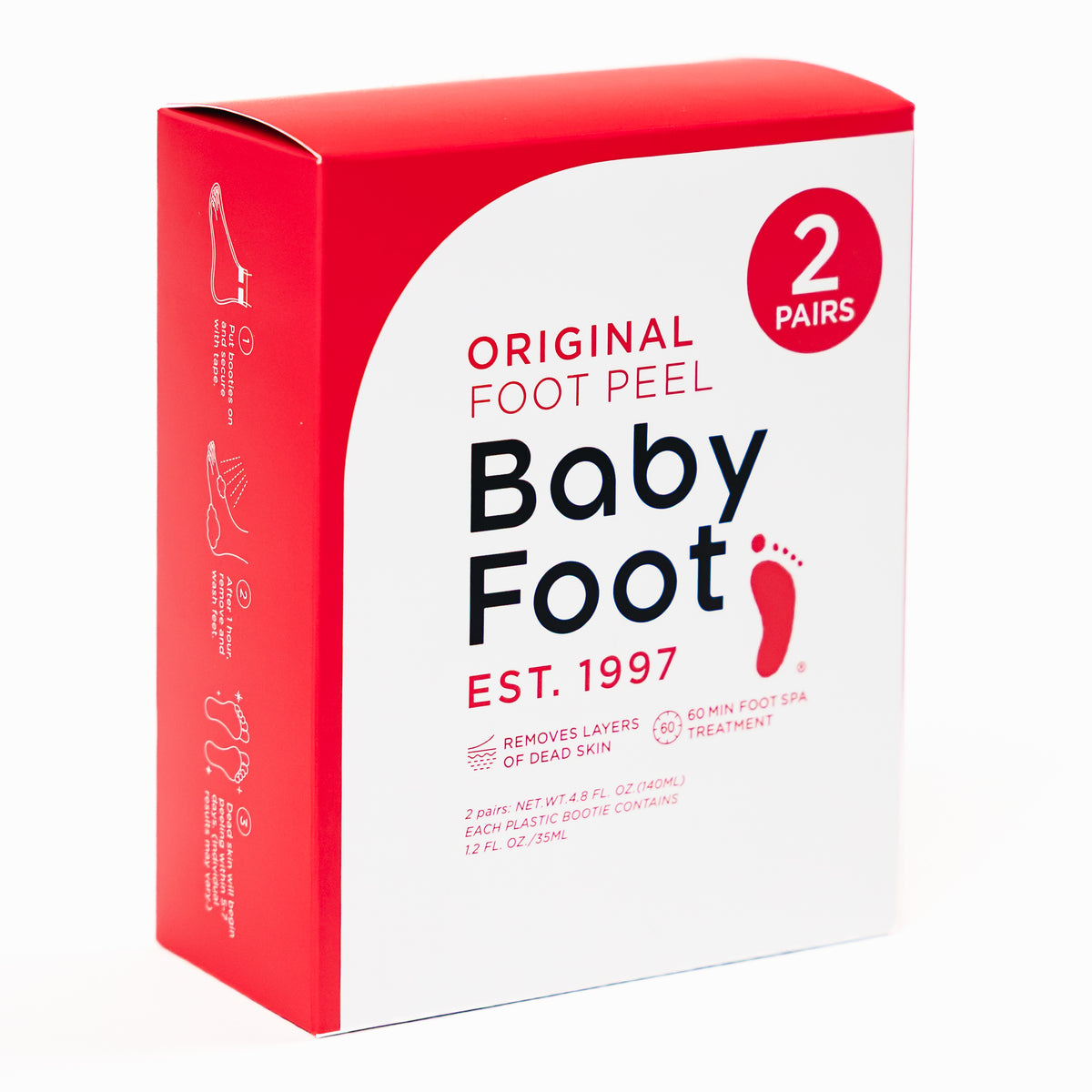 Two-pack Baby Foot exfoliating foot peel set showing clear plastic bottles with foot peel solutions inside.