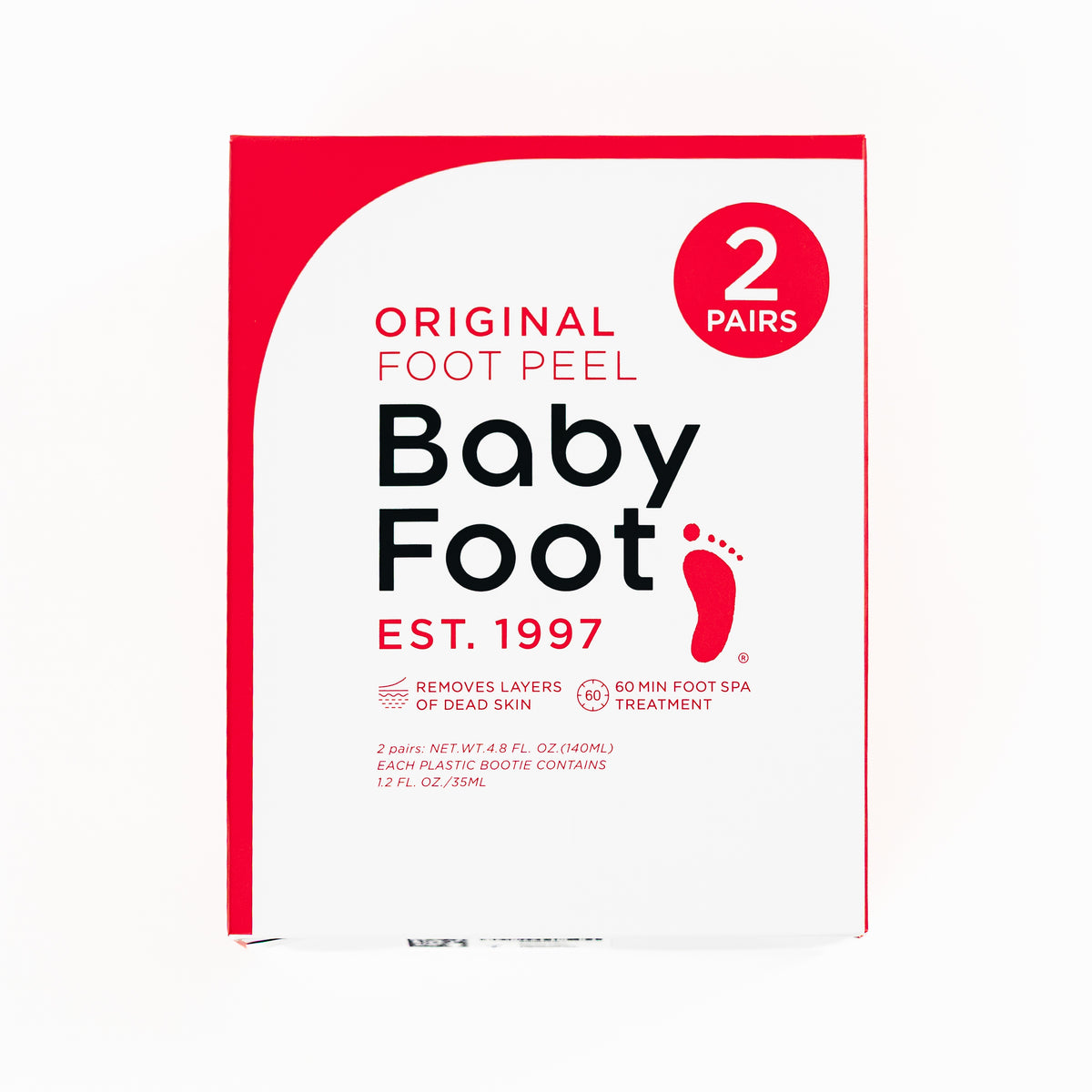 Two-pack Baby Foot exfoliating foot peel kits with clear plastic bottles and labels, designed for foot exfoliation and skin renewal.