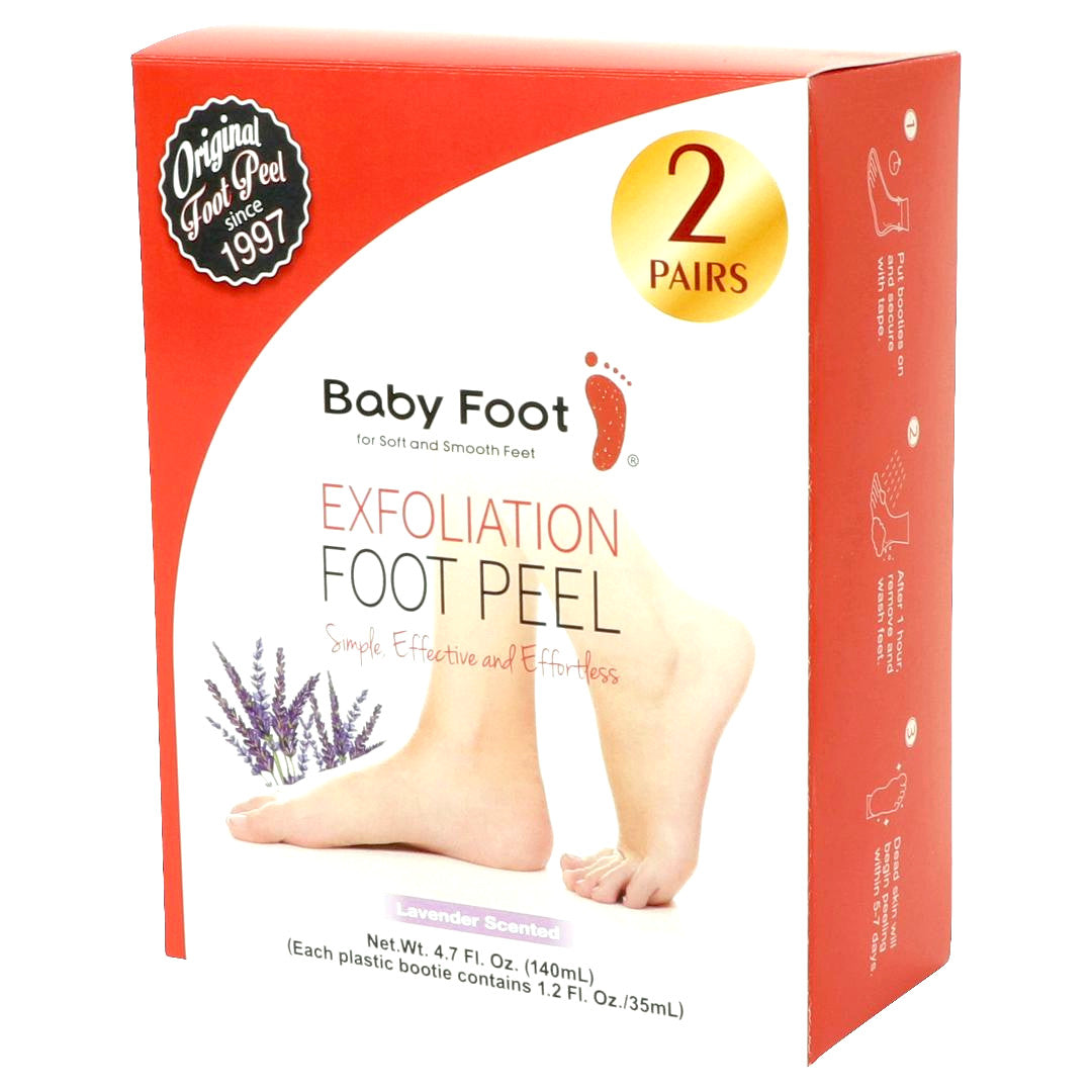 Two packs of Baby Foot exfoliating foot peel boxes with angled front view, showcasing the product packaging.