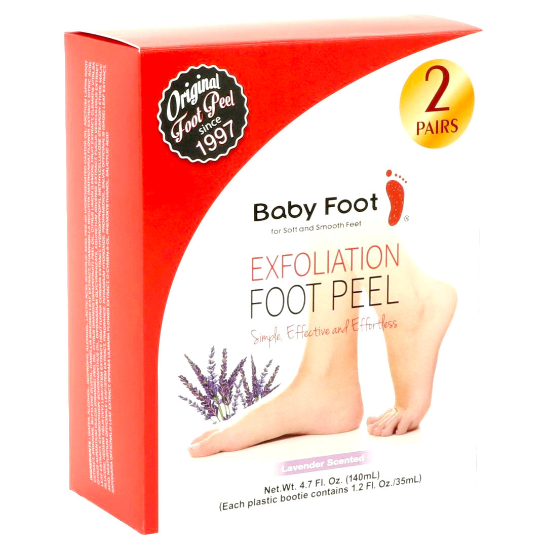 Two-pack Baby Foot exfoliating foot peel boxes showing the product front and angled view for smooth, refreshed feet.