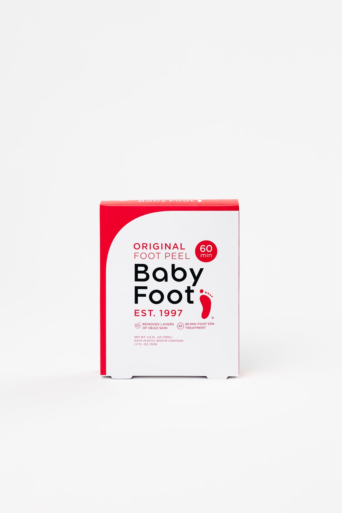 Baby Foot Original Exfoliating Foot Peel in a 60-minute kit, designed to remove dead skin and leave feet smooth and refreshed.