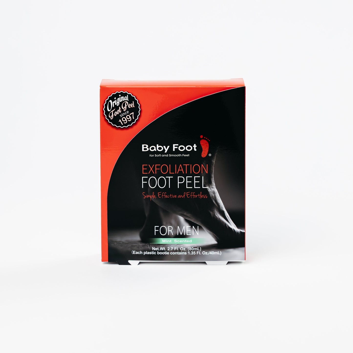 Baby Foot exfoliation foot peel for men with mint scent, showing the retiring packaging and product details.