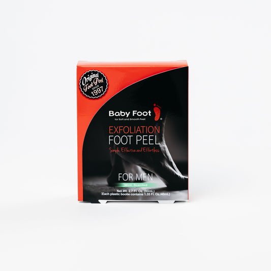 Baby Foot exfoliation foot peel for men with mint scent, showing the retiring packaging and product details.