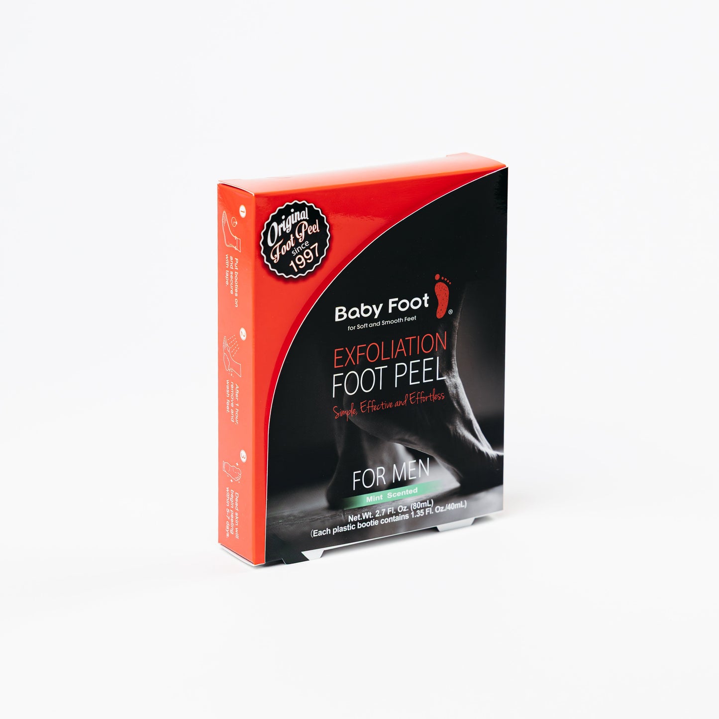 Baby Foot exfoliation foot peel for men with mint scent, shown with retiring packaging in the image.