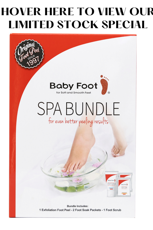 Baby Foot Spa Bundle includes the Original Peel, 2 Foot Soaks & Foot Scrub